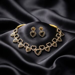 heart necklace set with American diamond-style outlines and matching heart drop earrings