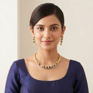 Gold-tone multicolour necklace set with oval coloured stones, cubic zirconia halos and matching drop earrings