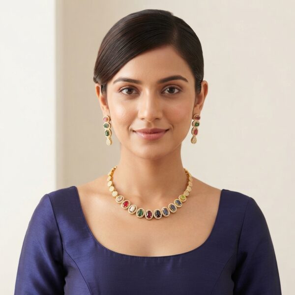 Gold-tone multicolour necklace set with oval coloured stones, cubic zirconia halos and matching drop earrings