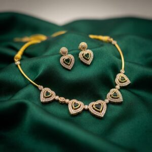 heart choker necklace set with American diamond-style halos and matching heart drop earrings