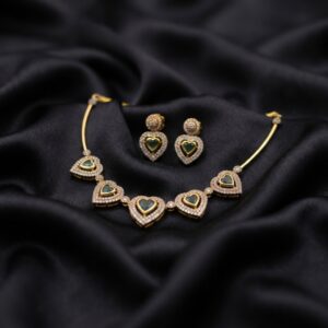 heart choker necklace set with American diamond-style halos and matching heart drop earrings