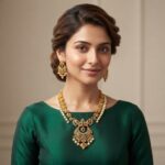 Matte gold-tone chandbali necklace set with crescent pendant, ruby-coloured and green stones, faux pearl drops and matching chandbali earrings