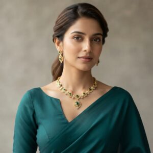 Gold-tone green stone necklace set with square-cut green stones, cubic zirconia halos, centre pendant and matching drop earrings