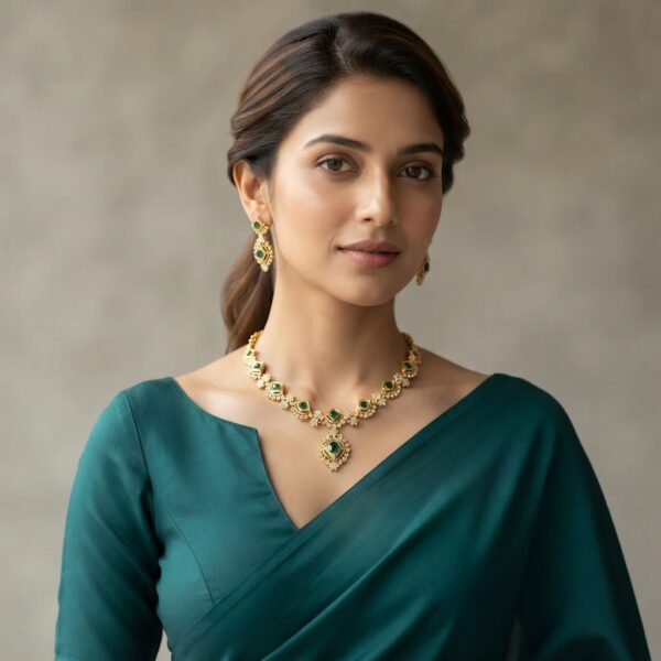 Gold-tone green stone necklace set with square-cut green stones, cubic zirconia halos, centre pendant and matching drop earrings