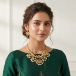 gold-tone necklace set with fan-shaped pearl-style drops and matching chandelier earrings