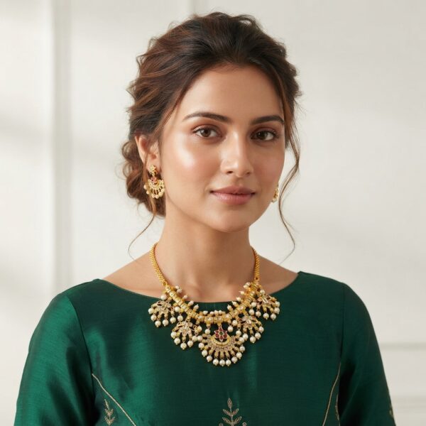 gold-tone necklace set with fan-shaped pearl-style drops and matching chandelier earrings