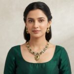 kundan-style teardrop necklace set with engraved gold-tone pendant and matching earrings