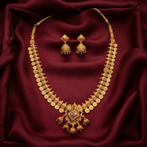 Indian coin necklace set with elephant pendant and matching jhumka