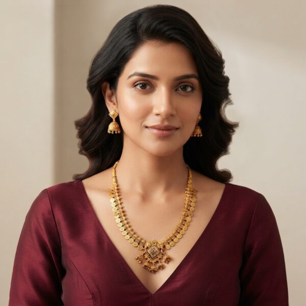Indian coin necklace set with elephant pendant and matching jhumka