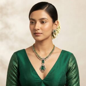 Gold-tone American diamond necklace set with emerald-coloured stones, cubic zirconia detailing and matching stud earrings on navy blue fabric