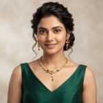 Gold-tone hasli necklace set with rigid collar, cubic zirconia, ruby-coloured and green stones and matching drop earrings