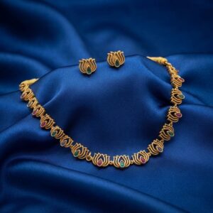 lotus necklace set with teardrop stone-style centres and matching stud earrings