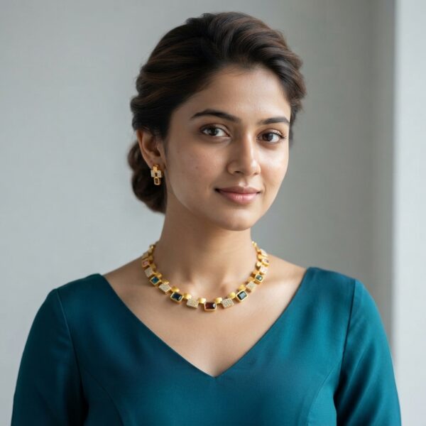 Modern gold-tone square link necklace set with cubic zirconia, coloured emerald-cut stones and matching drop earrings