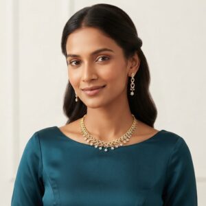 Gold-tone fringe necklace set with cubic zirconia loop motifs, flower charm drops and matching drop earrings