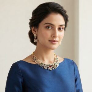 Gold-tone bridal cubic zirconia necklace set with floral clusters, coloured accent stones and matching drop earrings