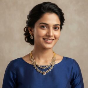 Gold-tone layered flower necklace set with two strands of cubic zirconia flowers, ruby-coloured and green centres and matching drop earrings