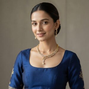 Gold-tone tassel necklace set with cubic zirconia branch design, faux pearl drop, adjustable thread tie and matching drop earrings
