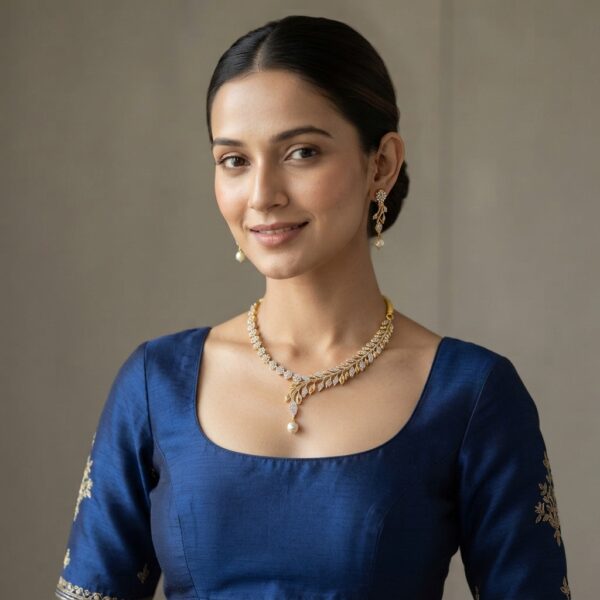 Gold-tone tassel necklace set with cubic zirconia branch design, faux pearl drop, adjustable thread tie and matching drop earrings
