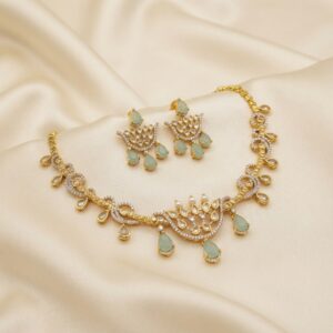 party wear necklace set with teardrop drops and matching chandelier earrings