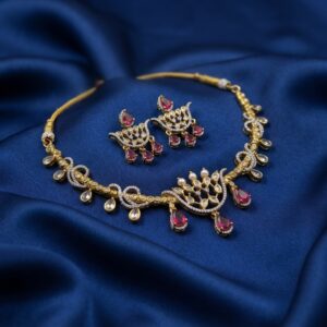 party wear necklace set with teardrop drops and matching chandelier earrings