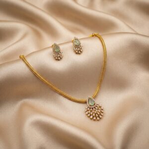 fan pendant necklace set with American diamond-style halo and matching stud earrings