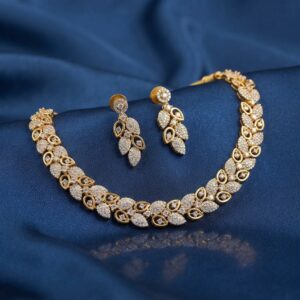 Clear gold-tone AD leaf necklace set with sparkling leaf clusters and matching drop earrings
