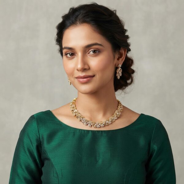 Clear gold-tone AD leaf necklace set with sparkling leaf clusters and matching drop earrings