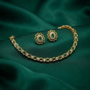 simple gold-tone Indian necklace set with floral stud earrings