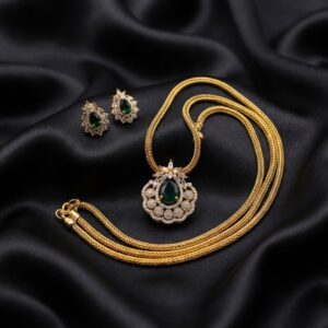 gold-tone halo pendant necklace set with American diamond-style floral detail and matching stud earrings