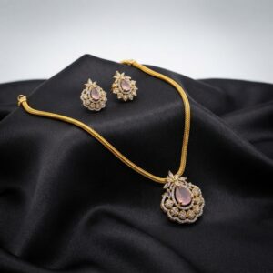 gold-tone halo pendant necklace set with American diamond-style floral detail and matching stud earrings