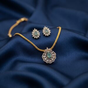 gold-tone halo pendant necklace set with American diamond-style floral detail and matching stud earrings