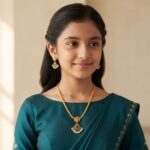 Antique gold-tone South Indian chain necklace set with Lakshmi motif, green stone-style pendant and matching pearl-style drop earrings