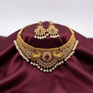 peacock choker necklace set with pearl-style drops and matching earrings