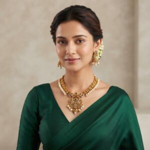 Multicolour antique gold-tone chandbali necklace set with crescent pendant, pearl-style drops and matching chandbali earrings
