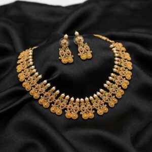 Multicolour antique gold-tone South Indian collar necklace set with pearl-style tops and matching drop earrings