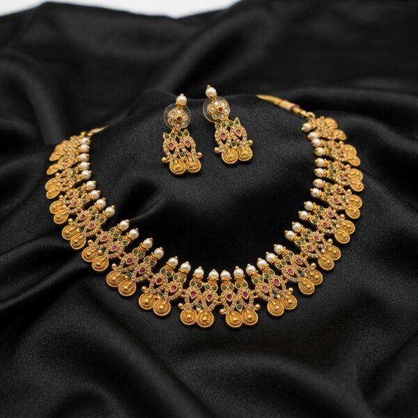 Multicolour antique gold-tone South Indian collar necklace set with pearl-style tops and matching drop earrings