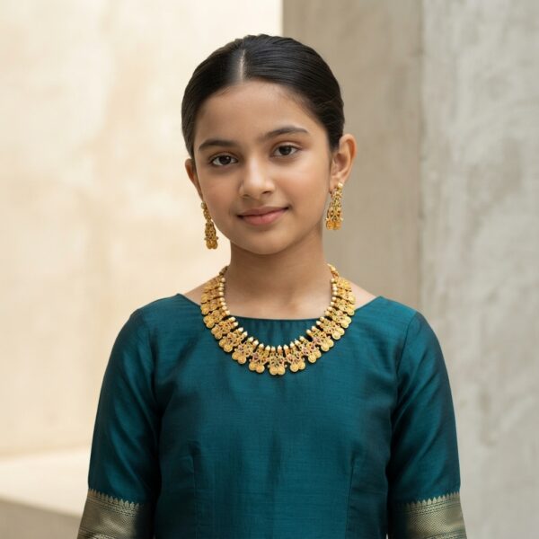Multicolour antique gold-tone South Indian collar necklace set with pearl-style tops and matching drop earrings