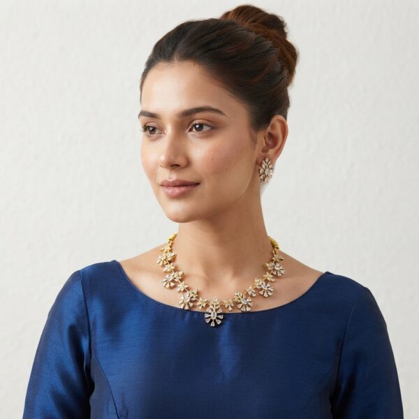 Clear gold-tone floral cluster necklace set with American diamond-style petals and matching drop earrings