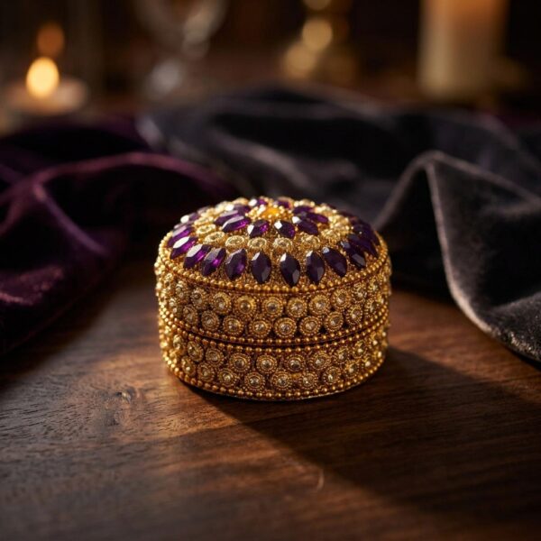 decorative round trinket box with gold-tone beading and stone-style petals