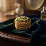 decorative round trinket box with gold-tone beading and stone-style petals