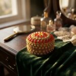 decorative round trinket box with gold-tone beading and stone-style petals