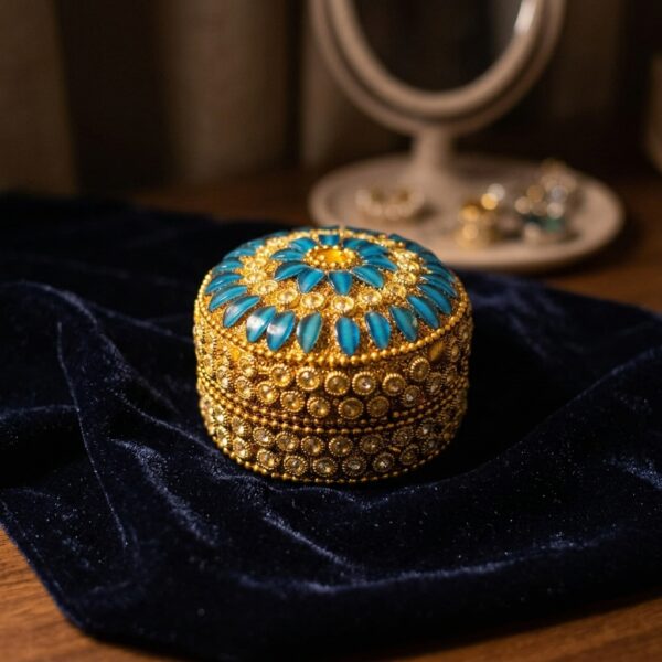 decorative round trinket box with gold-tone beading and stone-style petals