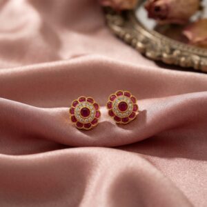 gold-tone floral stud earrings with American diamond-style halo and round centre stone
