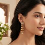 gold-tone tiered drop earrings with kundan-style floral top and pearl-style drop