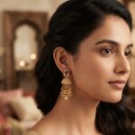 gold-tone American diamond-style jhumka earrings with tiered rings and pearl-style drop
