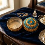 decorative round trinket box with gold-tone beading and stone-style petals