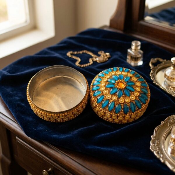 decorative round trinket box with gold-tone beading and stone-style petals