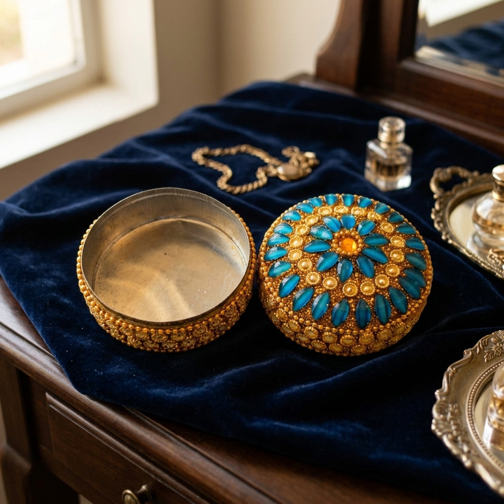 decorative round trinket box with gold-tone beading and stone-style petals