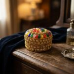 decorative round trinket box with gold-tone beading and stone-style petals