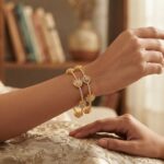 Pair of slim gold-tone American diamond lotus bangles with clear AD-style stones